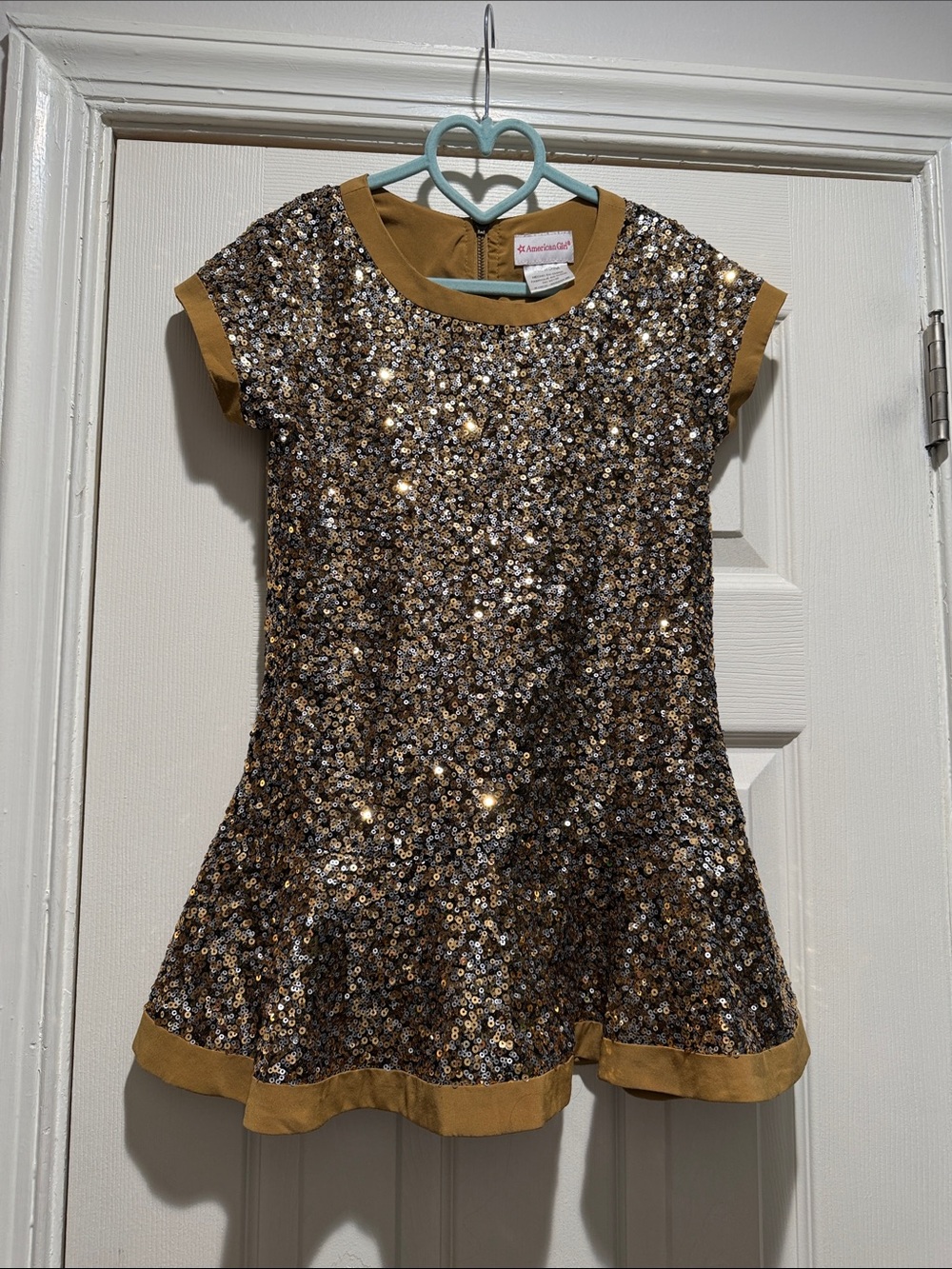 American Girl Dress Sparkle Sequin Gold Trim Kids Dress Size 10-12